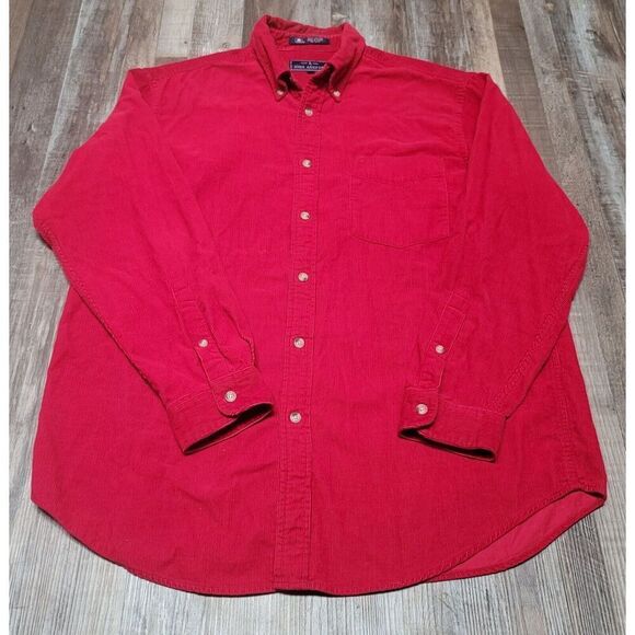 Vtg Corduroy Shirt Long Sleeve Button Up 80s 90s Cotton Red L Boxy Fit - Picture 2 of 6